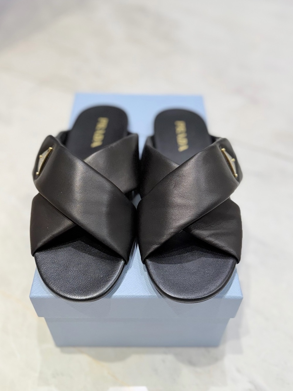 Prada Soft nappa padded Black Slide Sandals with metal gold logo - Picture 2 of 6